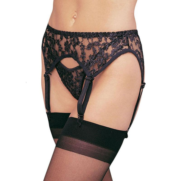 Floral Laced Garter with Thong - Black