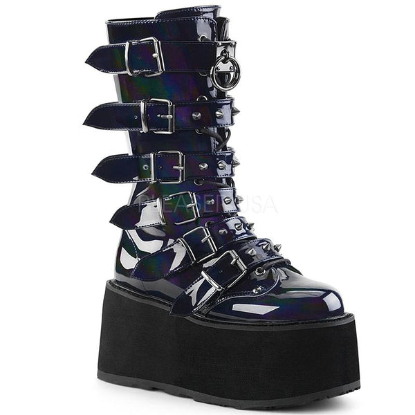 Buckle-up Goth Queen Stomper Boots - Black Holo