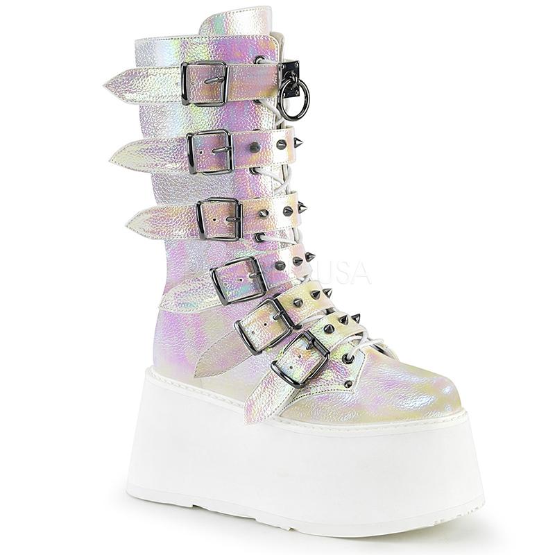 Buckle-up Goth Queen Stomper Boots - Iridescent Pearl