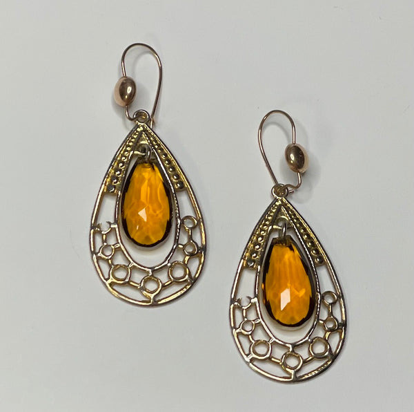 Vintage Gold Teardrop Amber Earrings